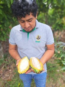 Tony con una mazorca de cacao